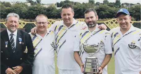  ??  ?? The Silksworth team which won the Fours title: Neal Ridley, Ian Riches, Scott Baker and David Bolt , with County President Jeff Wilson.