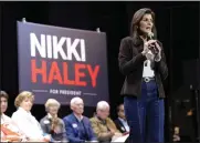  ?? AP PHOTO/MEG KINNARD ?? Republican presidenti­al candidate former UN Ambassador Nikki Haley speaks during a campaign rally on Monday, Feb. 5, 2024, in Aiken, S.C. Haley, a former two-term governor of South Carolina, is stumping in her home state, where former President Donald Trump has remained popular ahead of the GOP primary on Feb. 24.