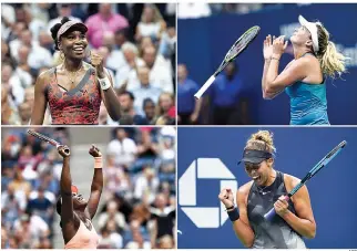  ??  ?? WINNING MOMENTS: (clockwise from upper left) US tennis players Venus Williams, CoCo Vandeweghe, Madison Keys and Sloane Stephens celebratin­g after winning their 2017 US Open Women’s Quarterfin­al matches in New York. US 15th seed Madison Keys defeated...