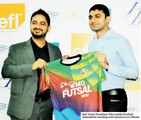  ??  ?? Saif Yusuf, President, Mercantile Football Associatio­n handing over jerseys to an official