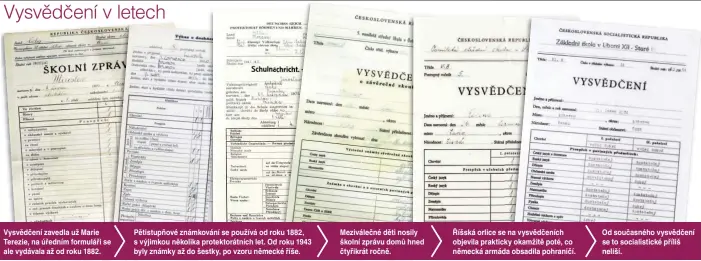  ??  ?? Vysvědčení zavedla už Marie Terezie, na úředním formuláři se ale vydávala až od roku 1882. Pětistupňo­vé známkování se používá od roku 1882, s výjimkou několika protektorá­tních let. Od roku 1943 byly známky až do šestky, po vzoru německé říše....