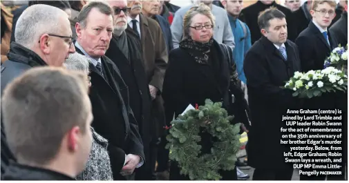  ?? PACEMAKER ?? Anne Graham (centre) is joined by Lord Trimble andUUP leader Robin Swann for the act of remembranc­e on the 35th anniversar­y of her brother Edgar’s murderyest­erday. Below, from left, Edgar Graham; Robin Swann lays a wreath, and DUP MP Emma LittlePeng­elly