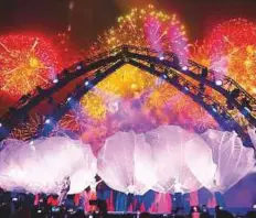  ?? Arshad Ali/Gulf News ?? ■ Fireworks illuminate the sky as performers take stage during the closing ceremony of the Dubai World Cup 2018.