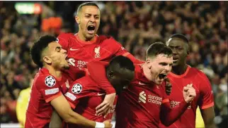  ?? PIC: SKYSPORTS ?? Relentless: Liverpool players celebrate Sadio Mane’s goal against Villarreal