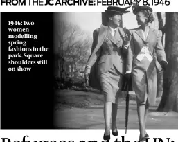  ?? ?? 1946: Two women modelling spring fashions in the park. Square shoulders still on show