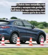  ??  ?? El Stelvio tiene ventanilla­s más pequeñas y escapes más gordos. El Audi tiene una zaga imponente, peromenos que la de su rival