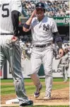  ?? PHOTO CREDIT ?? The New York Yankees’ Josh Donaldson steps back to first base during Saturday’s game against the Chicago White Sox in New York.