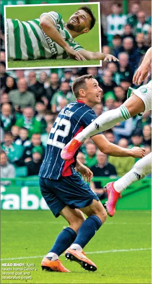  ??  ?? HEAD BHOY: Ajeti heads home Celtic’s second goal and celebrates (inset)