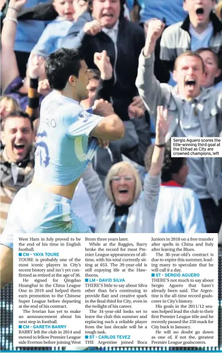  ??  ?? Sergio Aguero scores the title-winning third goal at the Etihad as City are crowned champions, left