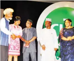  ??  ?? Prof. Wole Soyinka with some members of the panel, Prof. Akachi Ezeigbo Prof. Olu Obafemi, Prof. Muh’d Inuwa Buratai and Dr. Promise Ugochukwu