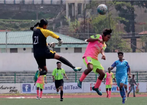  ??  ?? Action from the Sethu FC and Rising Student Club match in the Indian Women’s League at Shillong on Monday. Sethu FC won 2- 0.