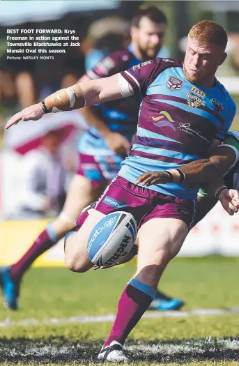  ?? Picture: WESLEY MONTS ?? BEST FOOT FORWARD: Krys Freeman in action against the Townsville Blackhawks at Jack Manski Oval this season.