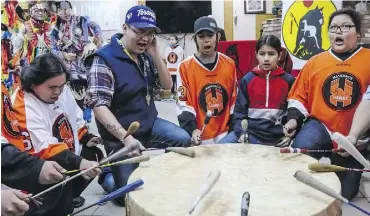 ?? SARAH O. SWENSON ?? Drummers from Ermineskin Junior Senior High School were out in support for the Kraft Hockeyvill­e initiative in Maskwacis on Friday.