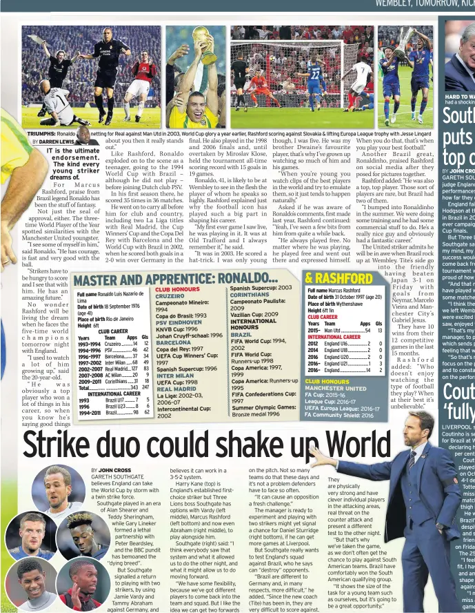  ??  ?? TRIUMPHS: Ronaldo netting for Real against Man Utd in 2003, World Cup glory a year earlier, Rashford scoring against Slovakia & lifting Europa League trophy with Jesse Lingard HARD TO WATCH Hodgson had a shocking time in Brazil