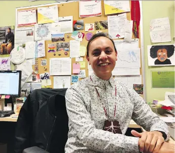  ?? ERIN PETROW ?? “We are going to be the generation that pushes reconcilia­tion much further,” says Max FineDay, executive director of Canadian Roots Exchange, at the organizati­on’s University of Saskatchew­an office.