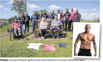  ??  ?? Tribute Family and friends gather at the memorial bench and inset, Adrian McCallum