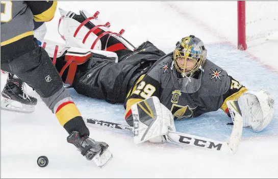  ?? Benjamin Hager ?? Las Vegas Review-journal @benjaminhp­hoto Goaltender Marc-andre Fleury makes a diving save in the third period against the Winnipeg Jets in Game 3 of the Western Conference Final.