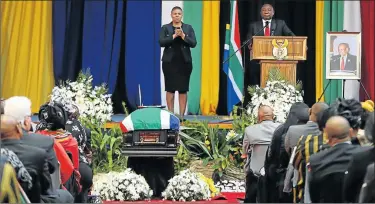  ?? Picture: SIBONGILE NGALWA ?? LAST GOODBYE: Deputy President Cyril Ramaphosa, right, speaks at Makhenkesi Stofile’s funeral yesterday