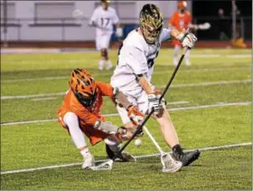  ?? M JOHN MCCONNEY - FOR DIGITAL FIRST MEDIA ?? Perkiomen Valley’s Connor Roop and Spring-Ford’s Blake Terrizzi battle for a ground ball Monday.