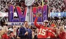  ?? John Locher/associated Press ?? Kansas City Chiefs quarterbac­k Patrick Mahomes celebrates after winning the Super Bowl on Sunday in Las Vegas.