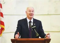  ?? Arkansas Democrat-Gazette/Staci Vandagriff ?? Gov. Asa Hutchinson speaks at a news conference at the state Capitol earlier this month after signing the tax-cut bill into law.