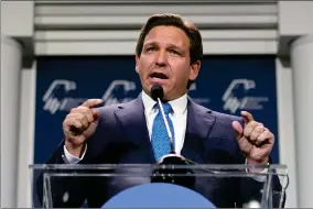  ?? AP PHOTO BY JOHN LOCHER ?? Florida Gov. Ron Desantis speaks at an annual leadership meeting of the Republican Jewish Coalition on Nov. 19, 2022, in Las Vegas. Desantis reiterated Monday, Jan. 23, 2023, that the state’s rejection of a proposed nationwide advanced African American studies course, saying it pushes a political agenda — something three authors cited in the state’s criticism accused him of doing in return.