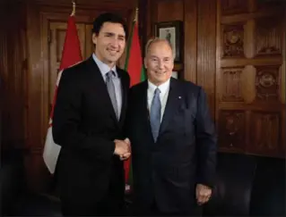  ?? SEAN KILPATRICK, THE CANADIAN PRESS ?? Prime Minister Justin Trudeau meets with the Aga Khan on Parliament Hill in Ottawa on May 17, 2016.