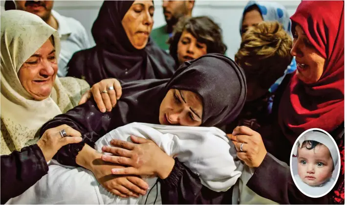  ??  ?? Innocent victim: Teenage mother Mariam al-Ghandour holds the body of daughter Leila, inset, who died after apparently inhaling tear gas during violence in Gaza