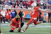  ?? BUTCH DILL — THE ASSOCIATED PRESS ?? National kicker Joshua Karty of Stanford (43) kicks a field goal during the second half of the Senior Bowl NCAA college football game against the American team, Feb. 3, in Mobile, Ala.