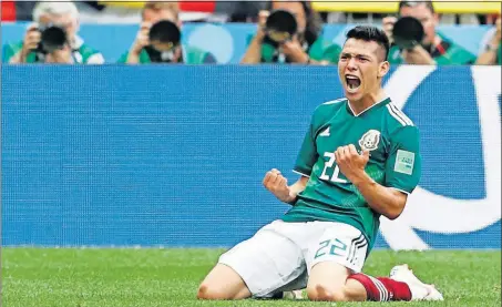  ?? [ANTONIO CALANNI/ THE ASSOCIATED PRESS] ?? Mexico’s Hirving Lozano celebrates what was the winning goal in the 35th minute against Germany at the World Cup.