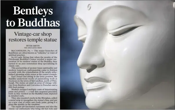  ?? (AP/Jessie Wardarski) ?? A newly restored statue of the Buddha shines in the sunlight Oct. 11 outside Exoticars, an auto restoratio­n shop specializi­ng in classic vehicles, in McCandless, Pa.