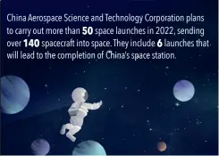  ?? ?? China Aerospace Science and Technology Corporatio­n plans to carry out more than 50 space launches in 2022, sending over 140 spacecraft into space. They include 6 launches that will lead to the completion of China’s space station.