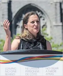  ?? JIMMY JEONG THE CANADIAN PRESS ?? Foreign Affairs Minister Chrystia Freeland speaks at a press conference earlier this week. Finance Minister Bill Morneau said Canada does not plan to launch retaliator­y measures against the Saudis.