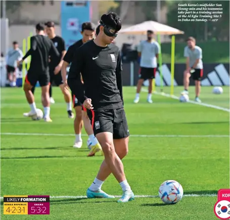  ?? ?? South Korea’s midfielder Son Heung-min and his teammtes take part in a training session at the Al Egla Training Site 5 in Doha on Sunday. — afp