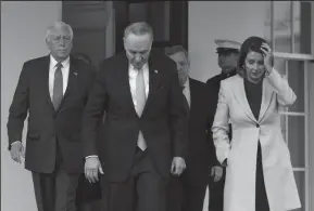  ?? OLIVIER DOULIERY/ABACA PRESS ?? Senate Minority Leader Chuck Schumer, D-N.Y., House Minority Leader Nancy Pelosi, D-San Francisco, Senate Minority Whip Dick Durbin, a D-Ill., and U.S. House Minority Whip Steny Hoyer, a D-Ma., arrive to a news conference following a meeting with President Trump at the White House on Friday in Washington, D.C.