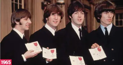  ??  ?? Get back in time: Collecting his MBE with John Lennon, Paul McCartney and George Harrison