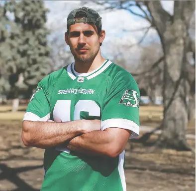  ?? MICHELLE BERG ?? Saskatchew­an Roughrider long snapper Jorgen Hus stands for a photo after a solo field practice in Saskatoon on Thursday, April 23, 2020.