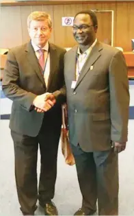  ??  ?? NLC president Ayuba Wabba being congratula­ted by the Director General of Internatio­nal Labour organizati­on, ILO, Mr Guy Ryder at the end of the Governing Board meeting of ILO in Geneva, recently