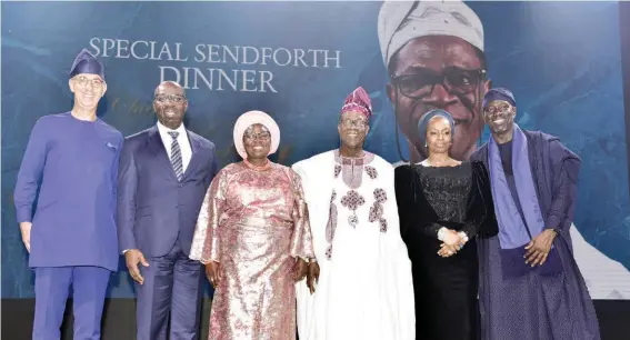  ?? ?? L-R: Managing director/CEO Nigerian Breweries Plc, Mr. Hans Essaadi; executive governor, Edo State, Mr. Godwin Obaseki; wife of the immediate past chairman, Nigerian Breweries Plc, Mrs. Funmi Jamodu; immediate past chairman, NB Plc, Chief Kola Jamodu; wife of the chairman, Nigerian Breweries Plc, Mrs. Ifeyinwa Ighodalo, and chairman, Nigerian Breweries Plc, Mr. Asue Ighodalo, during send forth ceremony held in honour of Chief Jamodu in Lagos on Wednesday