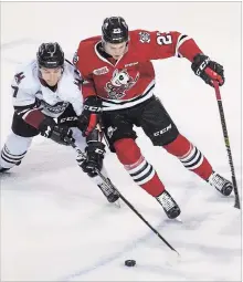  ?? JULIE JOCSAK
THE ST. CATHARINES STANDARD ?? Jack Studnicka of the Niagara IceDogs battles Nick Suzuki of the Guelph Storm for the puck in St. Catharines Thursday. The Storm won 6-5 in OT.