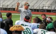  ?? MARK PODOLSKI — THE NEWS-HERALD ?? Coach Jerry Hazzard addresses his Lake Erie football team after practice Aug. 9 at Jack Britt Stadium in Painesvill­e.