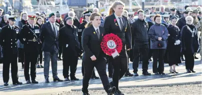  ?? 25_c46remembr­ance06 ?? From left: Campbeltow­n Grammar pupils, Christina McFadyen and Leah McGuigan, march forward to lay the school’s wreath.