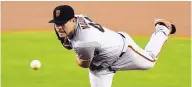  ?? MARK J. TERRILL/ASSOCIATED PRESS ?? San Francisco pitcher Matt Moore lost his no-hit bid with two outs in the ninth inning in the Giants’ win Thursday.