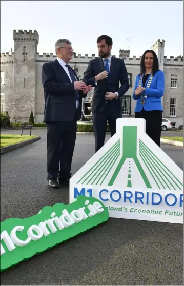  ??  ?? Paddy Malone (Left), PRO Dundalk Chamber of Commerce, Shona McManus, President Drogheda Chamber of Commerce with Minister Eoghan Murphy TD at the M1 Corridor Launch held in Bellingham Castle.