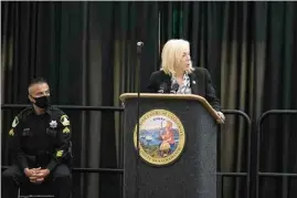  ?? RANDALL BENTON / AP, FILE ?? Sacramento County District Attorney Anne Marie Schubert speaks at CSU Sacramento in Sacramento, Aug. 21, 2020. Schubert is running as an independen­t for state attorney general, having left the Republican Party in 2018.