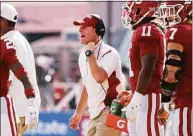  ?? Jeffrey McWhorter / Associated Press ?? Oklahoma coach Brent Venables shouts to his players during a timeout in the first half against Texas on Saturday at the Cotton Bowl in Dallas.