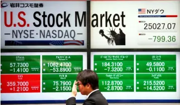  ??  ?? A man walks past an electronic board showing US stock market indicators outside a brokerage in Tokyo. — Reuters photo