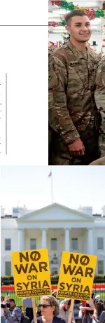  ??  ?? BATTLE FATIGUE From top: Trump, who asserts that U.S. forces will come home under a banner of victory, visits with troops in Iraq on December 26, along with Melania; protesters outside the White House on April 1, 2018; rubble on the outskirts of Damascus, Syria; acting Defense Secretary Shanahan.