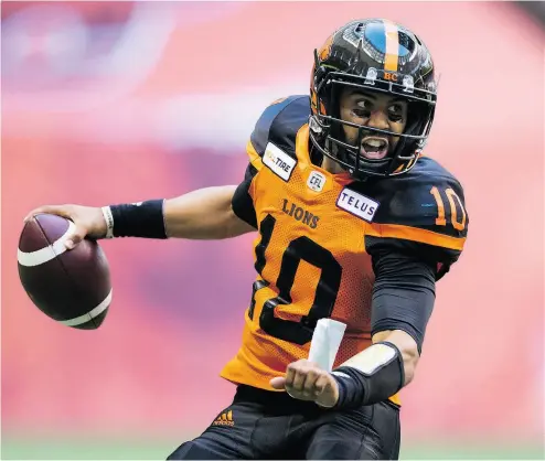  ?? DARRYL DYCK/THE CANADIAN PRESS ?? After a dismal 2017 season, the B.C. Lions’ Jonathon Jennings has the highest efficiency rating among CFL quarterbac­ks following his team’s Week 1 win over Montreal.