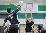  ?? Katharine Lotze/The Signal ?? Saugus’ Victor Ramirez (5) goes for a kill over Canyon’s Shea Stanford (4) during a volleyball game at Canyon on Thursday.